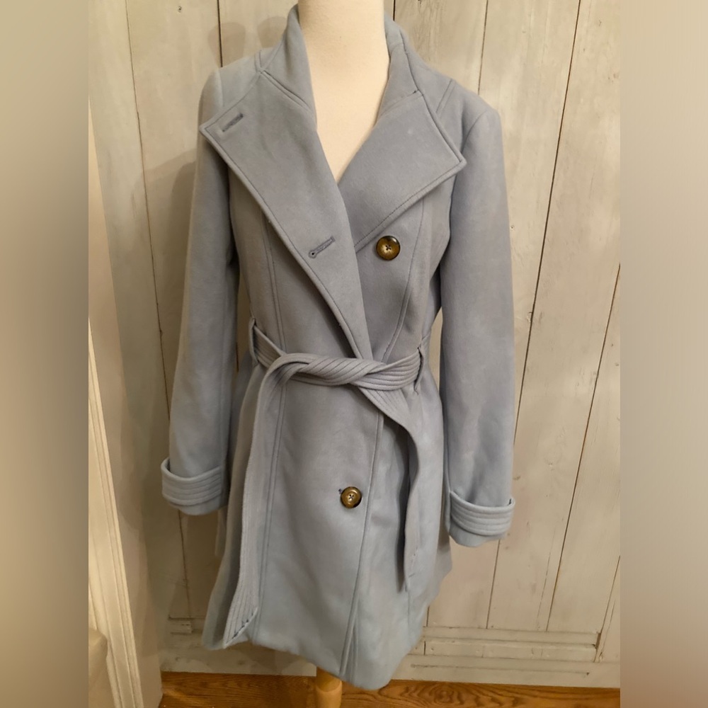 Anthropologie Cartonnier Baby Blue Belted Button Pea Coat Floral Satin Lining 4